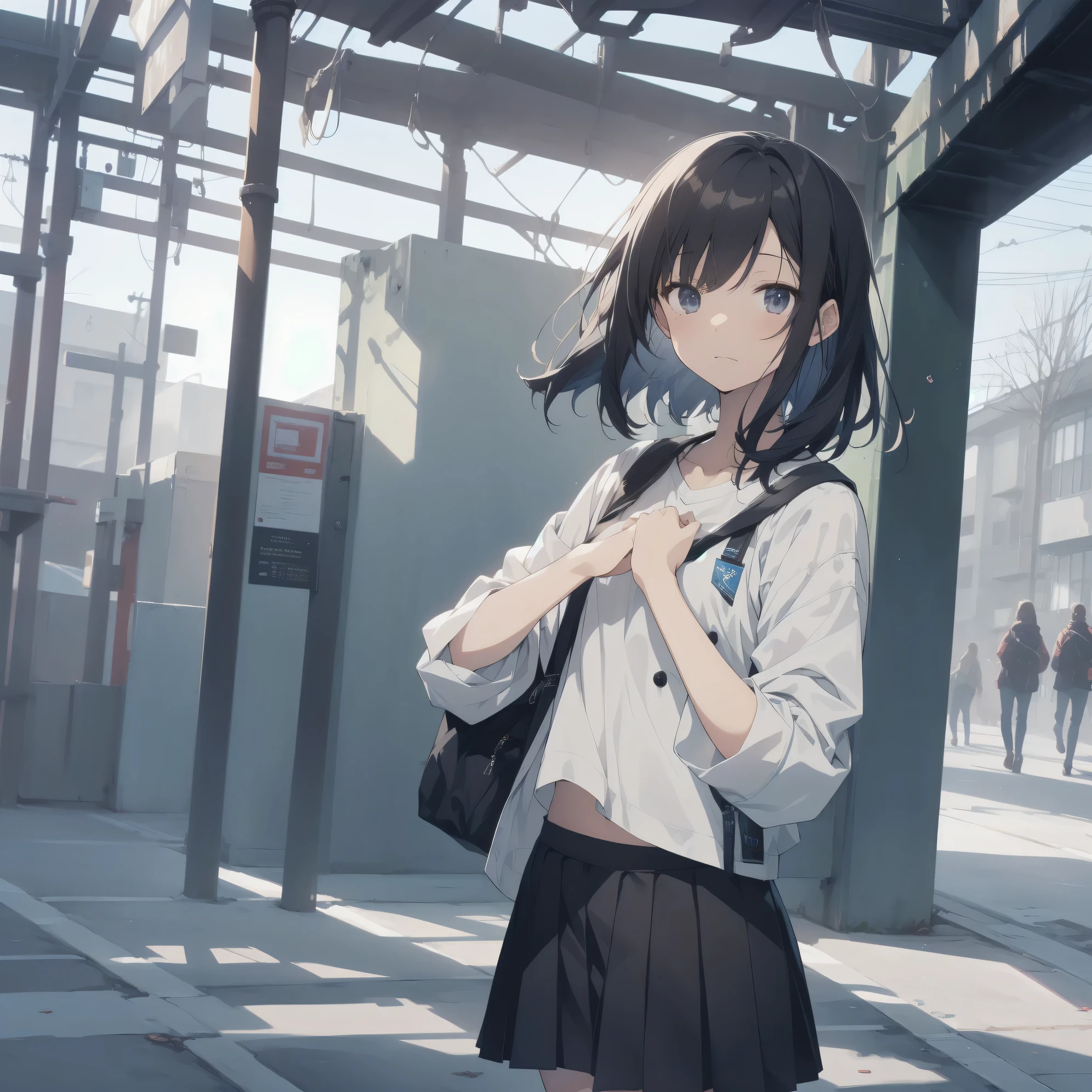 ultra-absurdres-Top quality by artist God, ultra-detailed, high resolution, anime moe artstyle, best anime 8k konachan wallpaper, pixiv contest winner, perfect anatomy,break, 1girl, (Please draw a girl walking sleepily to school alone. )break,(Solo,little female, 13-year-old:1.3),Full limbs, complete fingers,a junior high school student, Attractiveness of immature bodies, (very short hair), short cut, flat chest, , small butt, small black eyes, beautiful detailed eyes, well-proportioned iris and pupils, expressive eyes, highres detailed hair, soft expression, school_uniform, official_alternate_costume, pleated skirt,(Detailed Lighting), (Detailed background), in the School commute route. break,super detailed skin, Best cinematic lighting powered by famous artist, 8k,beauty illustration,photoshop_(medium),very aesthetic,break,((artist:kouji_(campus_life) )), artist:akinashi yuu ,artist:oyari ashito ,artist:kantoku ,