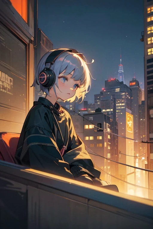 city、evening、young woman、wearing headphones、Emotional、Fashionable、LOFIHiphop、Groovy、short hair