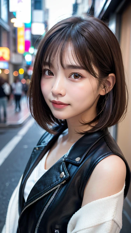 (((Shoulder length straight brown hair mini bob)))、(((目が細くlight eye makeup)))、(((standing alone on the rider'Black leather jacket with the backdrop of a nighttime Kabukicho alley.)))、(((Please come wearing clothes that cover your arms..)))、Half Japanese and Korean、18 year old girl、independent、facing forward、light eye makeup、brown hair color、flat 、hair blowing in the wind、quality of actress、shiny, super realistic face、smileの表情、Moist eyes、look up、Calming lighting effects、 ultra-realistic capture、very detailed、High resolution 16K close-up of human skin。Skin texture must be natural、Must be so detailed that pores are visible、skin is healthy、Must be even tone、Use natural light and color、High quality photos taken by a modeling agency'Exclusive photographer、smile、(((SIGMA 300 mm F/2.8,1/1000 sec shutter,ISO 400)))