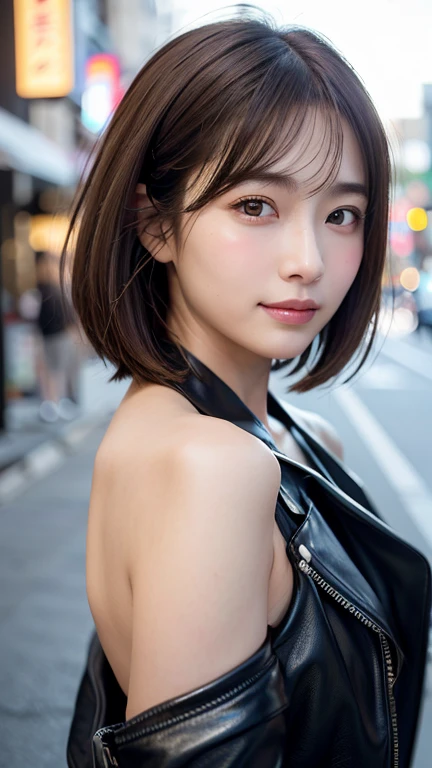 (((Shoulder length straight brown hair mini bob)))、(((目が細くlight eye makeup)))、(((standing alone on the rider&#39;Black leather jacket with the backdrop of a nighttime Kabukicho alley.)))、(((Please come wearing clothes that cover your arms..)))、Half Japanese and Korean、18 year old girl、independent、facing forward、light eye makeup、brown hair color、flat 、hair blowing in the wind、quality of actress、shiny, super realistic face、smileの表情、Moist eyes、look up、Calming lighting effects、 ultra-realistic capture、very detailed、High resolution 16K close-up of human skin。Skin texture must be natural、Must be so detailed that pores are visible、skin is healthy、Must be even tone、Use natural light and color、High quality photos taken by a modeling agency&#39;Exclusive photographer、smile、(((SIGMA 300 mm F/2.8,1/1000 sec shutter,ISO 400)))
