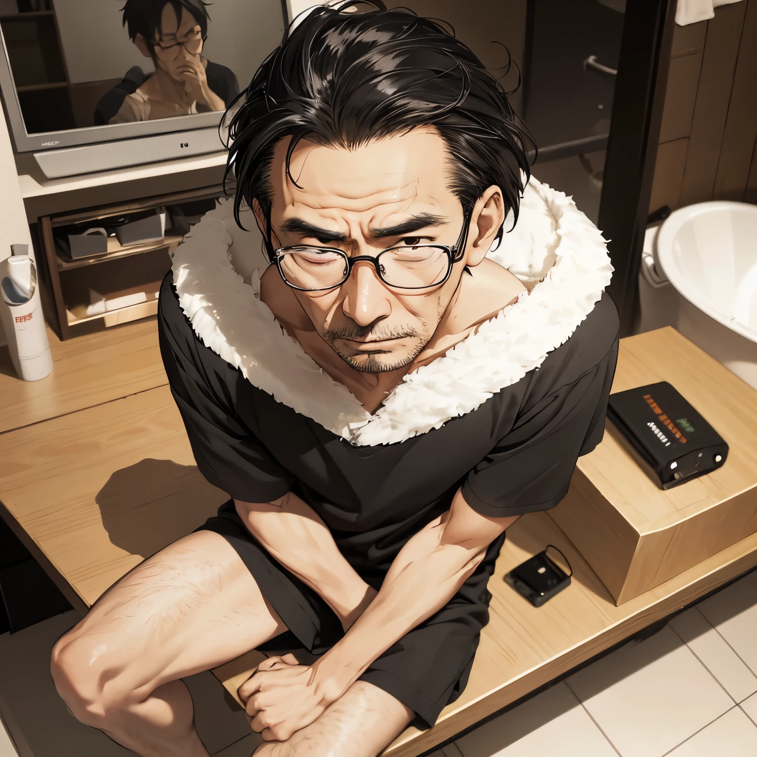 (masutepiece: 1.3), (max resolution: 1.2), (Ultra HDTV: 1.2), cinematric light, 8K resolution, Detailed facial features, (Focus on Face: 1.2), Perfect style, A mature Japanese uncle, Seated in a Men's restroom, Deep in thought, Worn out slippers, Receding hairline, Wrinkled skin, Busy eyebrows, Glinting spectacles, (Glossy skin: 1.0), Natural tone, A serious expression, Captured in a raw, photorealistic image.