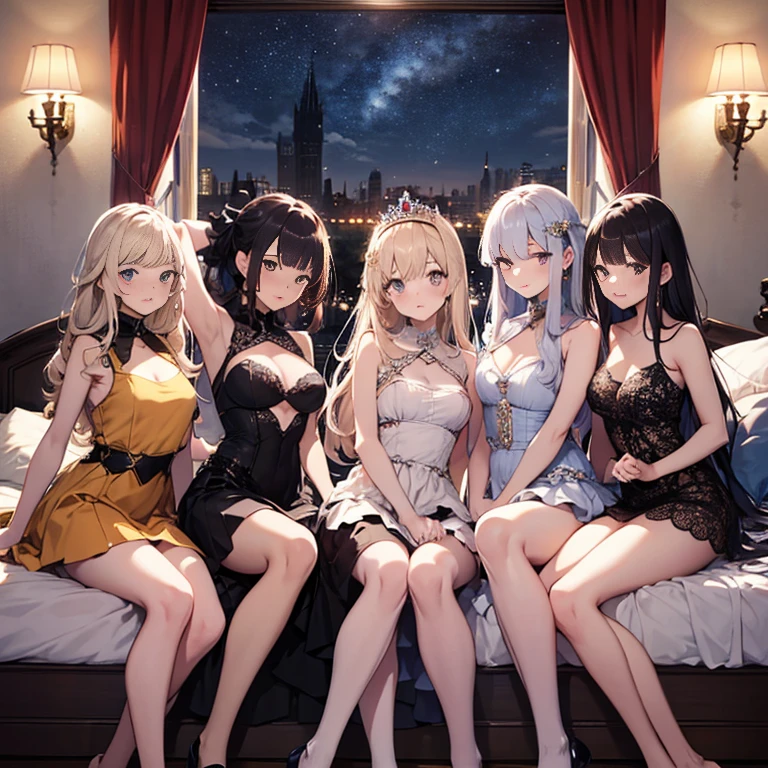 A group of young princesses, (in bedroom), various hair styles, harem, wearing royal dress, night, details face, , short skirt, seducing, sleeveless , showing armpits, night, starry night
