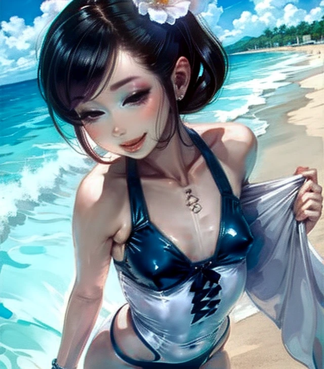 girl、solo、、swimsuit one piece、seductive pose、smile、beach、Playing with the waves on the beach、
