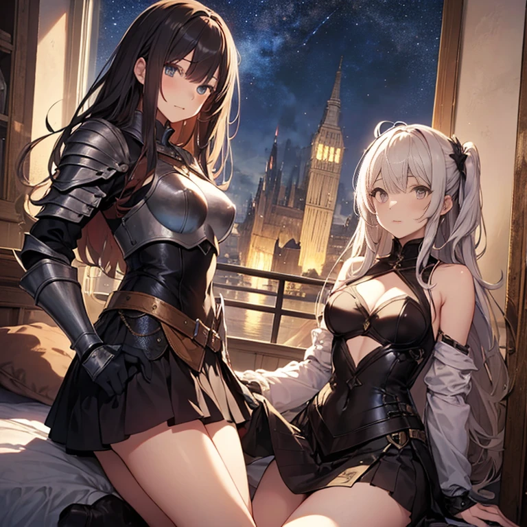 A group of female medieval fantasy adventurer, (in bedroom), various hair styles, harem, wearing armored clothes, metal armor, night, details face, , short skirt, seducing, sword, sleeveless , night, starry night 