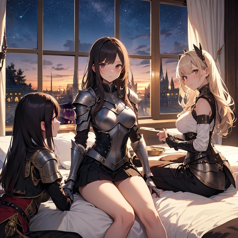 A group of female medieval fantasy adventurer, (in bedroom), various hair styles, harem, wearing armored clothes, metal armor, night, details face, , short skirt, seducing, sword, sleeveless , night, starry night