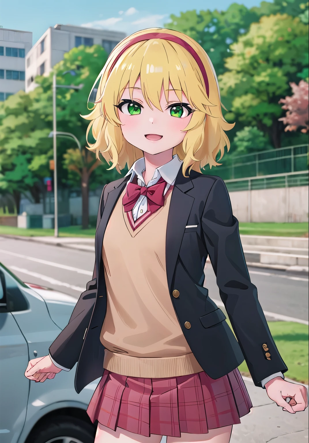 (masterpiece, best quality:1.0), highly detailed,  detail,  1girl , highschool student,momoka sakurai, yellow hair, green eyes, UNiform, red bowtie, collared shirt, sweater vest, blazer, black blazer, opened jacket, long sleeves, plaid skirt, brown skirt, outdoor,  smile,  standing, cowboy shot, 