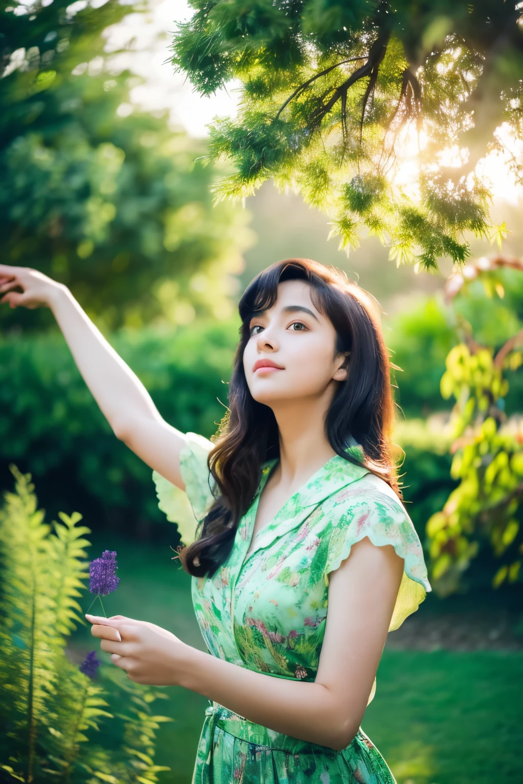 Mistik, RAW photo, beautiful girl in the garden, sunset, tree branches, green and purple shades in the landscape, organic pattern, photography, natural light, perfect composition, high detail, hyperrealistic, atmosphere of magic