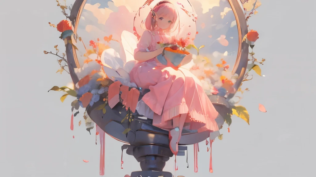 watercolor clipart illustration depicting a girl wearing a dress with strawberry pattern, sitting on a huge strawberry, with a cute pastel pink aesthetic