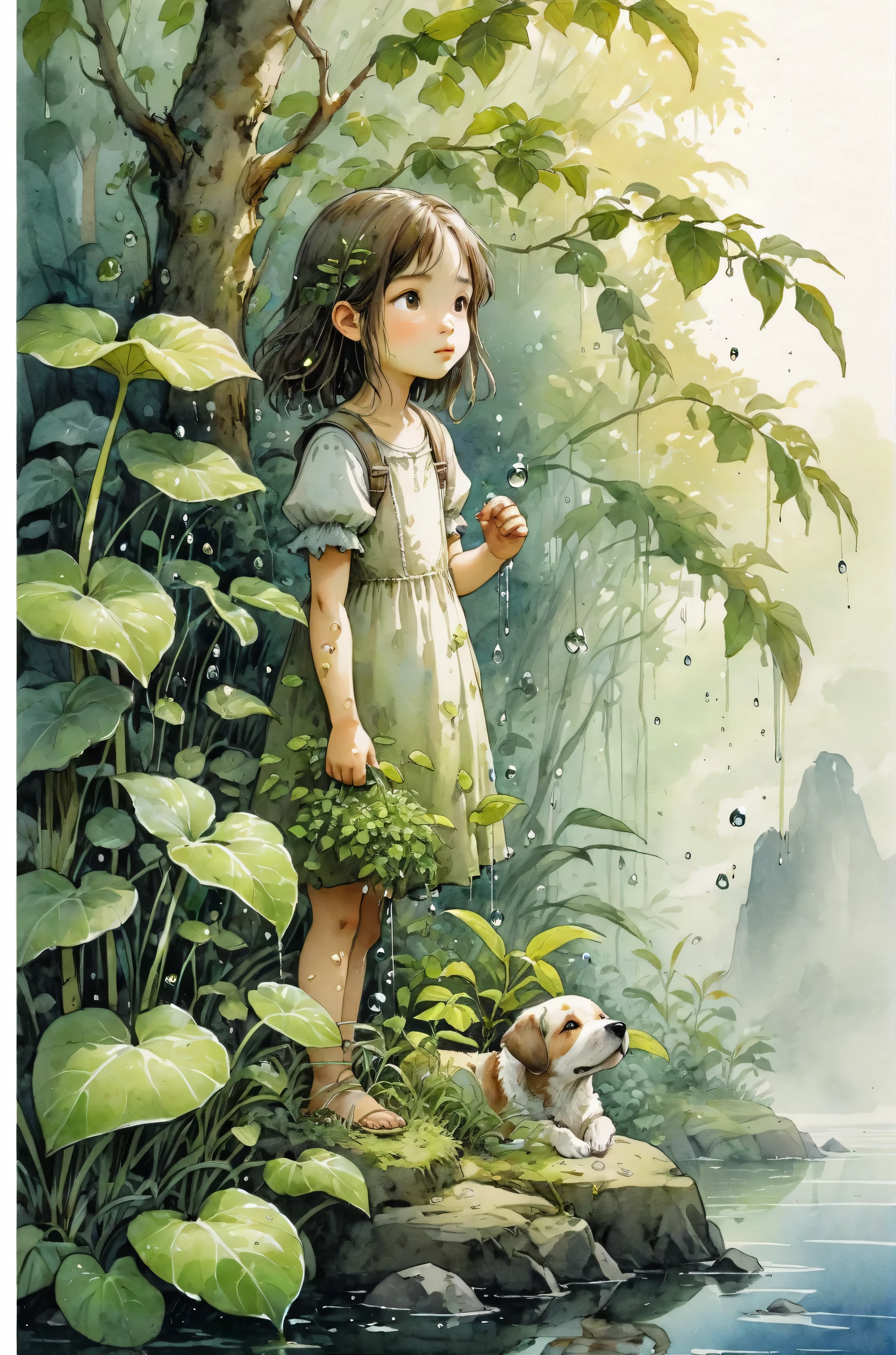 Ultra HD detailed painting of greenery and water droplets reflecting sunlight、Girl and dog、Pearly sunlight、Summer forest amongst the plant bushes、Jean=By Baptiste Monge、Watercolor and ink、intricate details、fantasy、beautiful、fantasy、Plant sproutemory、nature、bushes、perfect composition、Artistic style watercolor sketch、big stroke、Finished with ink、thin line、highest quality、masterpiece