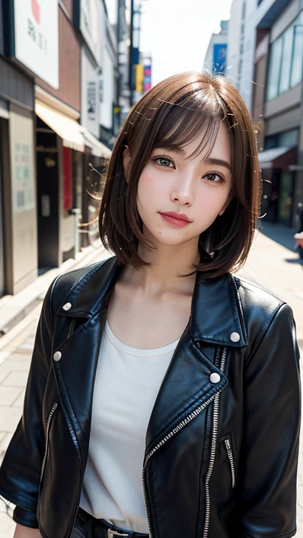 (((Shoulder length straight brown hair mini bob)))、(((目が細くlight eye makeup)))、(((standing alone on the rider&#39;Black leather jacket with the backdrop of a nighttime Kabukicho alley.)))、(((Please come wearing clothes that cover your arms..)))、Half Japanese and Korean、18 year old girl、independent、facing forward、light eye makeup、brown hair color、flat 、hair blowing in the wind、quality of actress、shiny, super realistic face、smileの表情、Moist eyes、look up、Calming lighting effects、 ultra-realistic capture、very detailed、High resolution 16K close-up of human skin。Skin texture must be natural、Must be so detailed that pores are visible、skin is healthy、Must be even tone、Use natural light and color、High quality photos taken by a modeling agency&#39;Exclusive photographer、smile、(((SIGMA 300 mm F/2.8,1/1000 sec shutter,ISO 400)))
