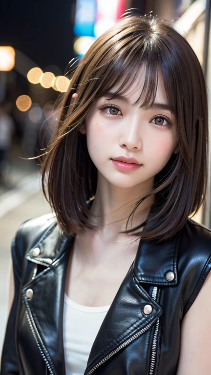 (((Shoulder length straight brown hair mini bob)))、(((目が細くlight eye makeup)))、(((standing alone on the rider'Black leather jacket with the backdrop of a nighttime Kabukicho alley.)))、(((Please come wearing clothes that cover your arms..)))、Half Japanese and Korean、18 year old girl、independent、facing forward、light eye makeup、brown hair color、flat 、hair blowing in the wind、quality of actress、shiny, super realistic face、smileの表情、Moist eyes、look up、Calming lighting effects、 ultra-realistic capture、very detailed、High resolution 16K close-up of human skin。Skin texture must be natural、Must be so detailed that pores are visible、skin is healthy、Must be even tone、Use natural light and color、High quality photos taken by a modeling agency'Exclusive photographer、smile、(((SIGMA 300 mm F/2.8,1/1000 sec shutter,ISO 400)))