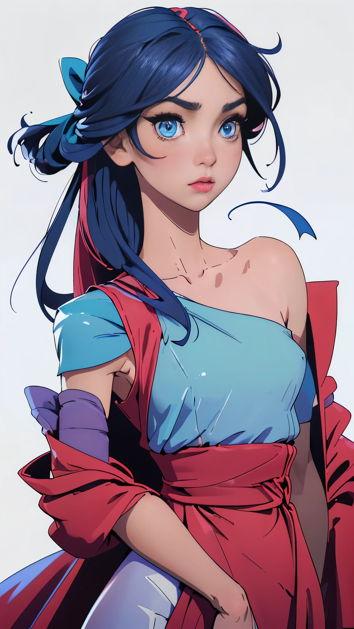 Masterpiece of best quality, high-resolution:
1. A serene Pokémon girl with short, sleek blue eyes and shoulder-length straight hair.
2. She is dressed in a pink sleeveless dress, adorned with a blue ribbon at the waist.
3. A red coat is draped over her shoulders, revealing her bare arms and collarbone.
4. Her long, expressive eyelashes frame her calm, expressionless face.
5. In the front, facing the viewer, the girl poses with a neck ribbon accentuating her upper body.
6. The solid white background is clean and simple, providing no distractions from her enchant