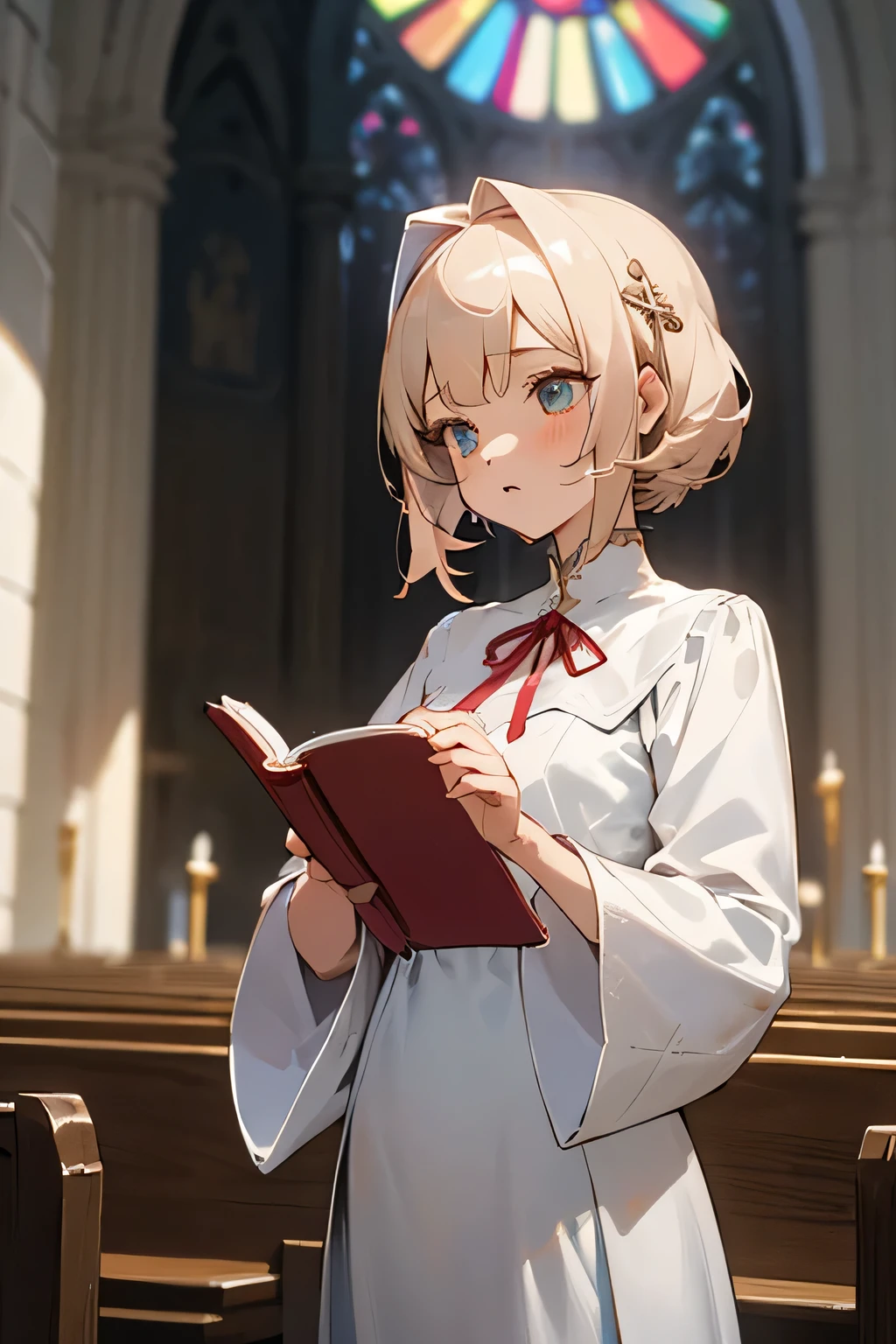 2D beautiful girl, anime style, young and short, about middle school age【girl】Gentle eyes, big eyes, choir girl, loose fitting body line, white gospel gown cape like a Teru Teru Bouzu choir costume(white choir gown) Her sleeves are white and fluffy, fluttering bell sleeves, her hair is slightly curly and bob-like, her hair color is a light brown like light milk tea, her eyes are clear and light blue, she has a red ribbon on her chest, she is holding an open Bible in her hands, and there is a chapel in the background.