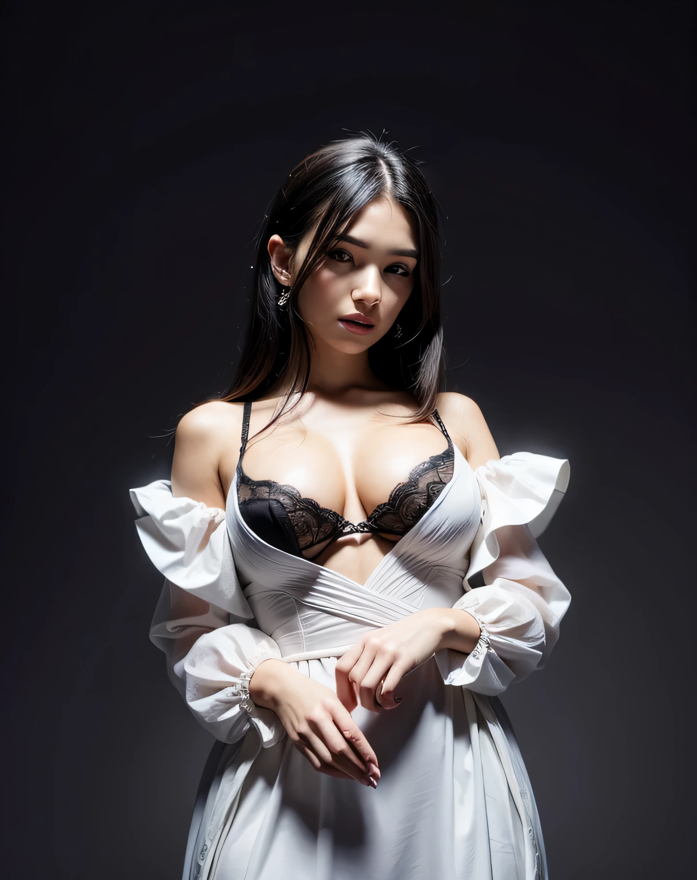 beautiful young woman in white dress and black hair, big breasts, realistic