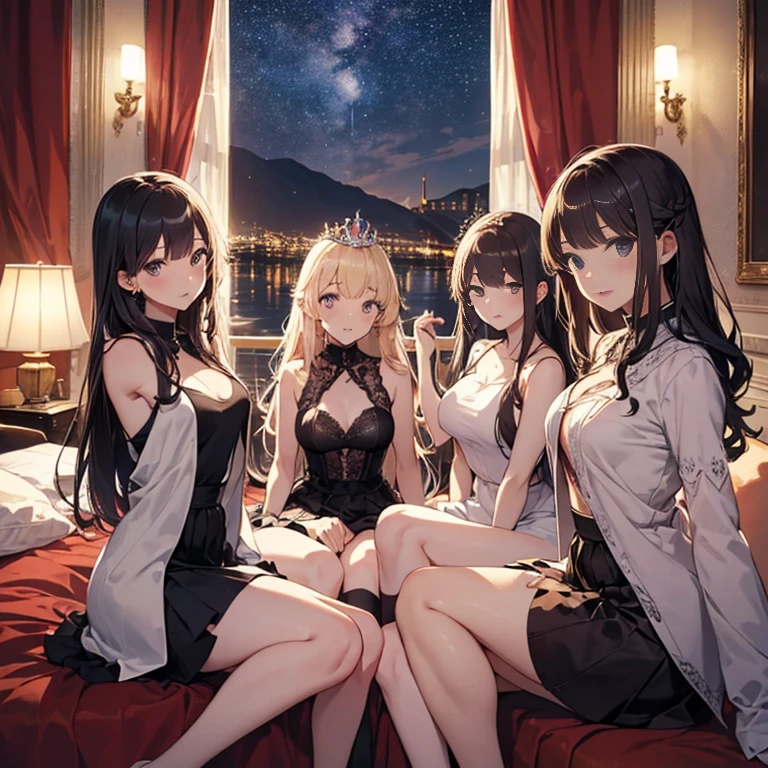 A group of young princesses, (in bedroom), various hair styles, harem, wearing royal dress, night, details face, , short skirt, seducing, sleeveless , showing armpits, night, starry night