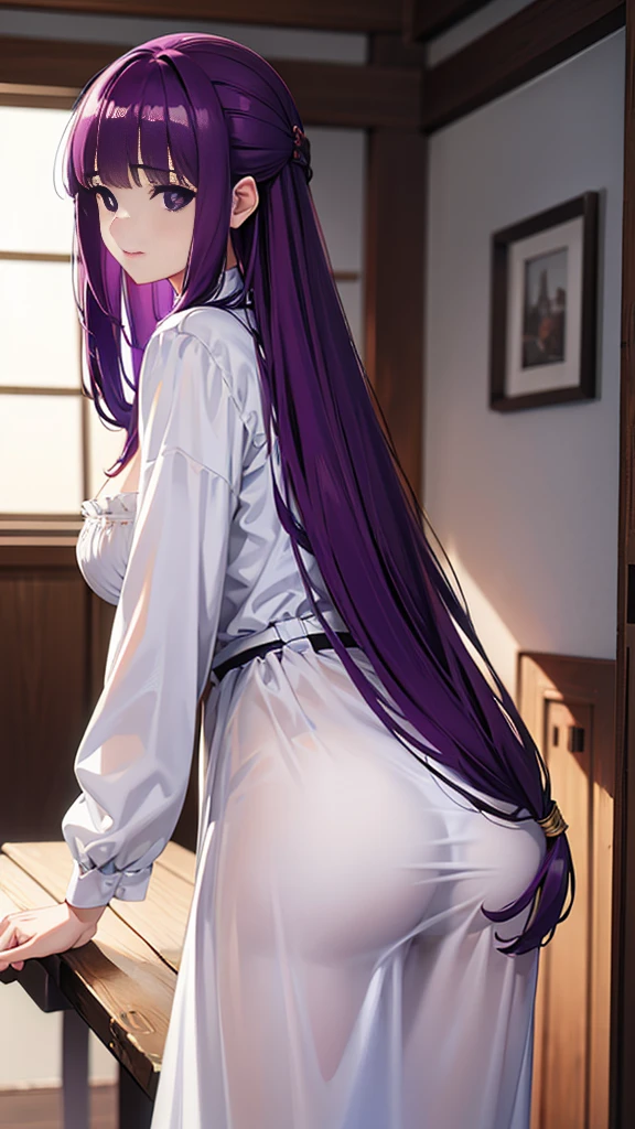 Super detailed, NSFW, masterpiece, High resolution, Photorealistic digital art, perfect lighting, (((1 girl, perfect anatomy))), accurate right hand, accurate left hand, five fingers, perfect style, Detailed face, Fern, purple eyes, glossy lips, purple hair, shiny skin, smile, Pure white long sleeve blouse, pure white long skirt, Ample breasts, (((Leaning forward))), ((Stick your butt out)), View from behind, Fantasy art,