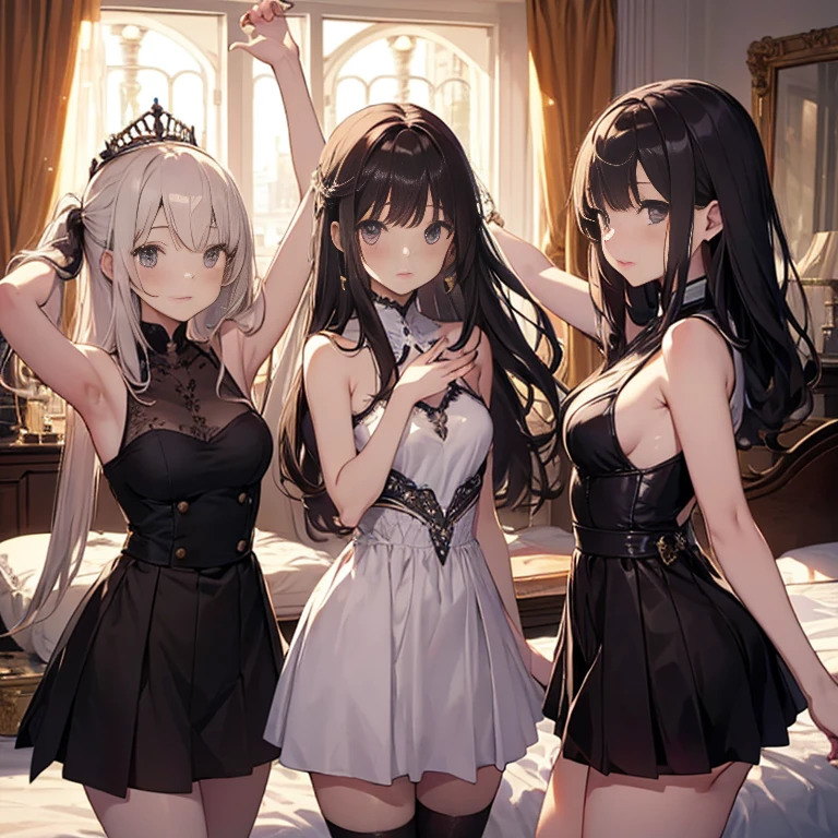A group of young princesses, (in bedroom), various hair styles, harem, wearing royal dress, night, details face, , short skirt, seducing, sleeveless , showing armpits, night, starry night