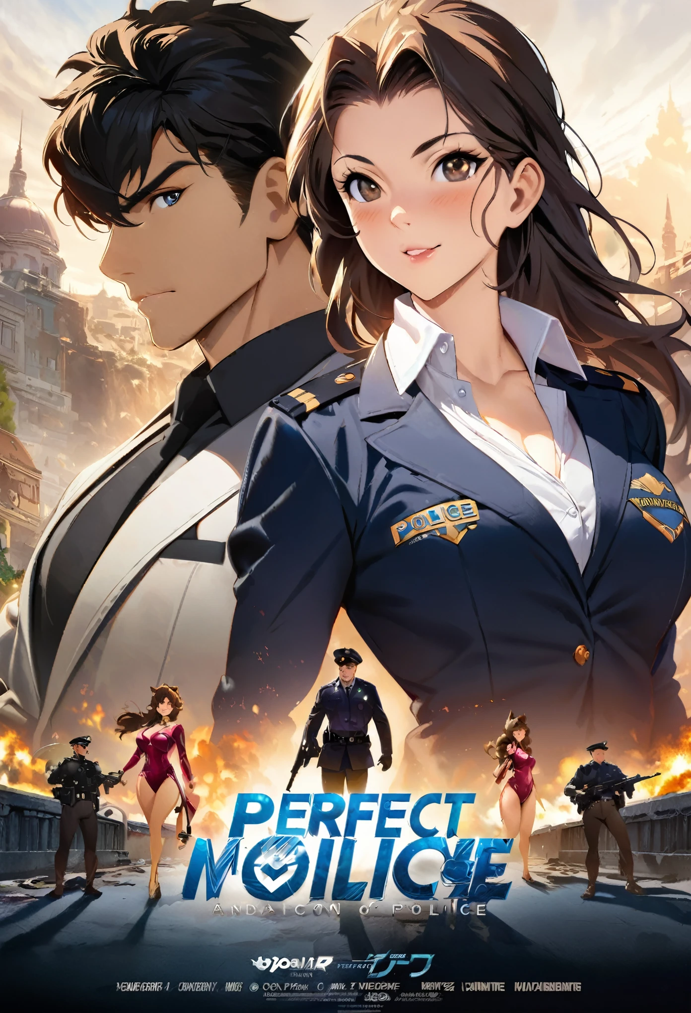 movie poster, movie artwork, concept art of action movie, romance novel cover, highres, top quality, best quality, perfect artwork, absurdres, perfect anatomy(couple, young 1male police, 1woman maid)(furry, kemono, anthro)with some elements of 007,