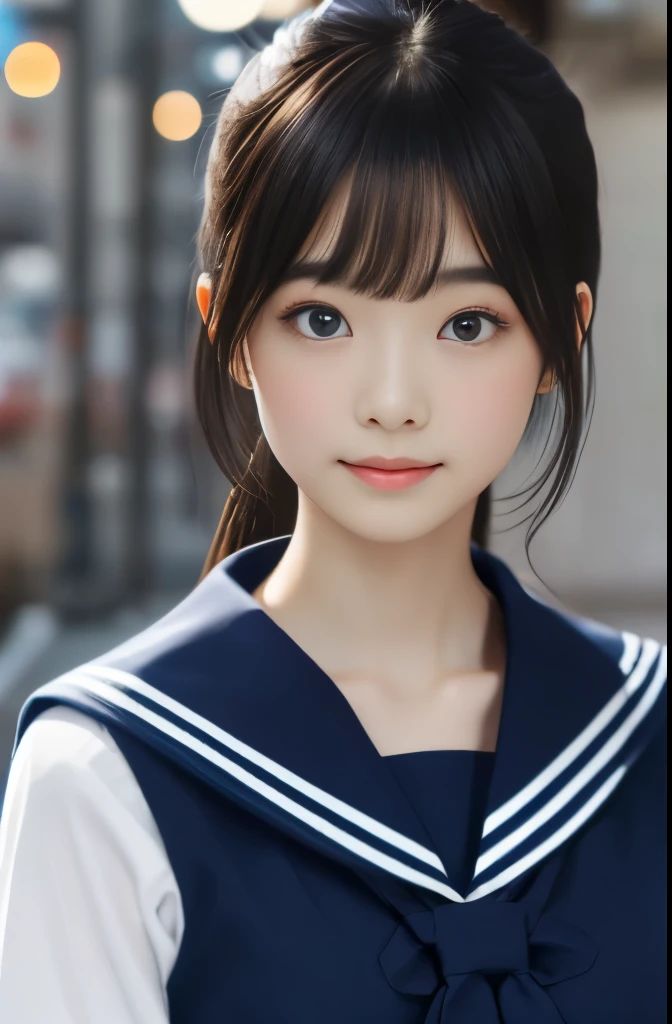 highest quality,photo quality,ultra high resolution,professional lighting,,beautiful actress,thin face,healthy complexion,Japanese,black hair,（short bangs),long hair,ponytail（navy blue sailor suit:1.1),mini skirt,natural makeup