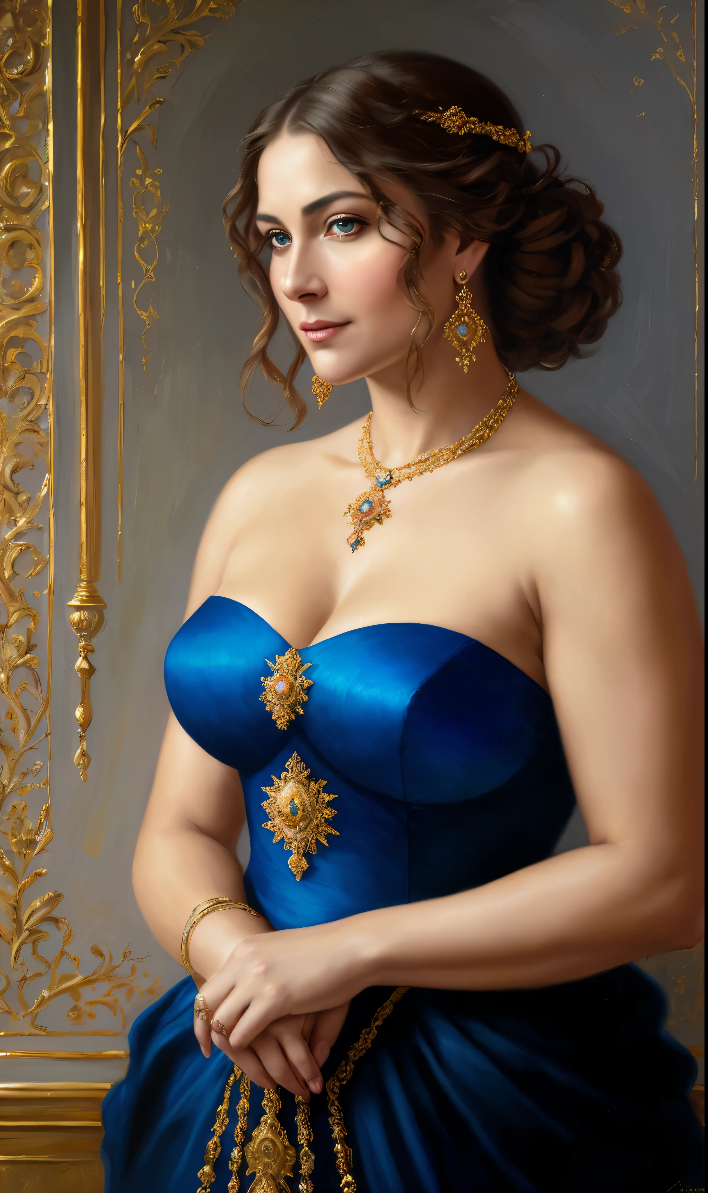 portrait, extremely gorgeous, 45 years old Woman, middle ages, thick figure, classicism, andrey atroshenko style, painting, pierced eyes, beautifully styled hair, traditional media, realistic, figurative, fine art, oil on canvas, HDR, 8K, original character, high resolution, vivid colours, high detail, focus on the face, beautiful eyes