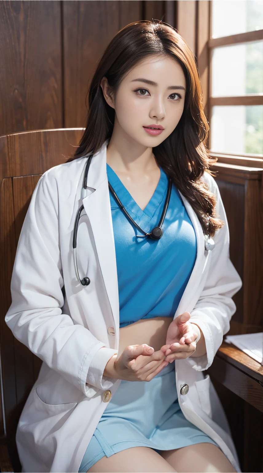 Photorealistic beautiful doctor、amazingly beautiful、doctor'Under her white coat she's wearing sexy blue underwear, collared shirt、(highest quality、8K、32k、masterpiece、nfsw:1.3)、ultra high resolution,(Photoreal:1.4),Raw photo, detailed face,,beautiful hair, ((doctor style)), , black tight skirt、 natural makeup,, big and full breasts、Inside the hospital, detailed background, perfect lighting, Depth of written boundary, beautiful shadow gradation,Stethoscope ,NSFW、Beautiful female doctor、Fall in love、Her underwear is visible、Sit in the examination chair、