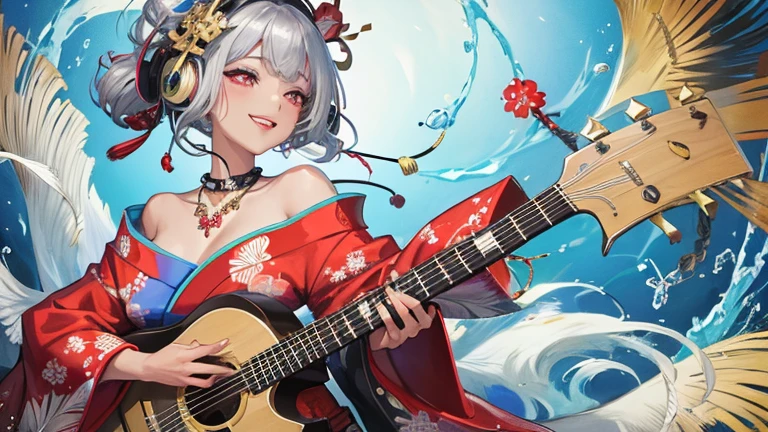 high quality,masterpiece,Dark-skinned Japanese woman in a colorful kimono,arm with tattoo,beautiful droopy eyes,Feathered robe like the Japanese goddess Benzaiten,Short silver hair slicked back,Listening to music through headphones,grin and laugh,Play a Japanese guitar-like string instrument,gold necklace,Happy smiling expression,gray hair,red lipstick,dark makeup,Very beautiful sea,Images for YouTube