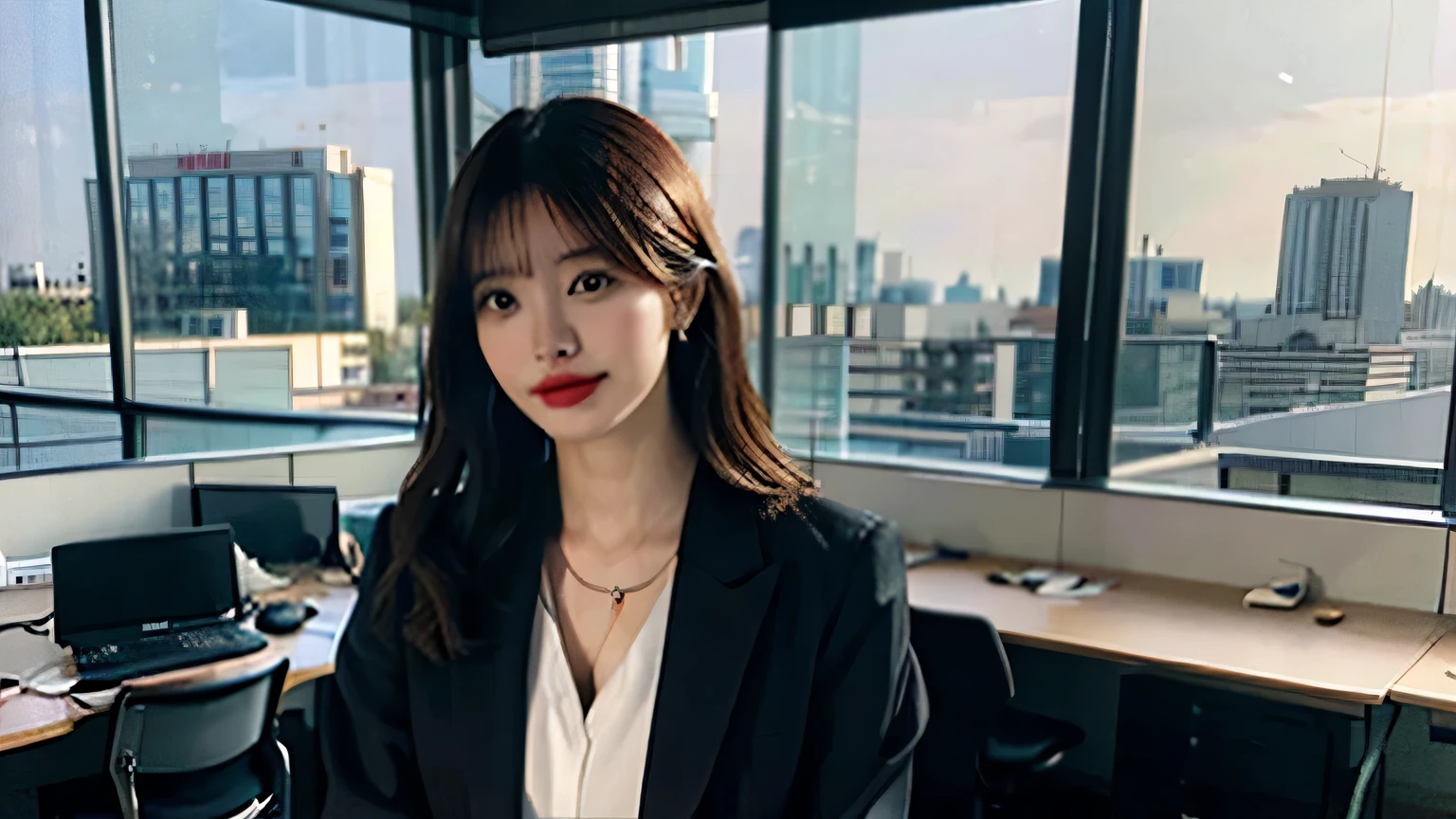 1 girl、solo、Parting lips、Officelady、Business suits、sky line、office、hard working