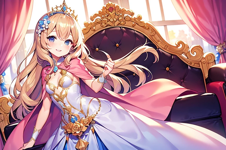 (kawaii),(best quality),(ultra detailed),(rococo style),(long train pastel pink cape:1.15), very long cape,(long train white ball gown with flower decorations:1.1), a girl is wearing a cape over her gown, 1 little princess, tiara, smile, very long hair, small breasts, beautiful detailed eyes, beautiful detailed lips