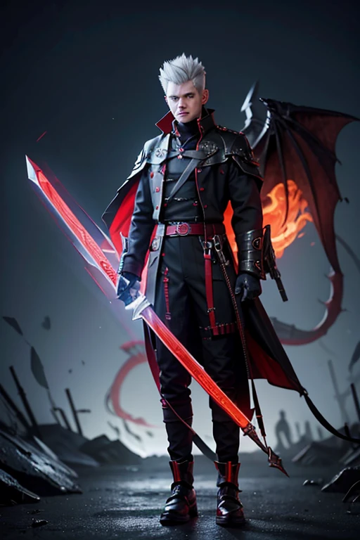 evil temperament, 18-year-old male shadow assassin, glowing black aura, red and silver hair, sharingan eyes, white color devil horns,,black dengerus hell queen suit,the night war rages behind him, Highest image quality 8K,details everything 8K, god killer personality, with Excalibur lighting sword, background place in hell, with dragon wings, like a hell queen.