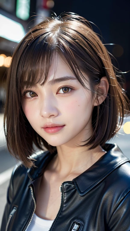 (((Shoulder length straight brown hair mini bob)))、(((目が細くlight eye makeup)))、(((standing alone on the rider'Black leather jacket with the backdrop of a nighttime Kabukicho alley.)))、(((Please come wearing clothes that cover your arms..)))、Half Japanese and Korean、18 year old girl、independent、facing forward、light eye makeup、brown hair color、flat 、hair blowing in the wind、quality of actress、shiny, super realistic face、smileの表情、Moist eyes、look up、Calming lighting effects、 ultra-realistic capture、very detailed、High resolution 16K close-up of human skin。Skin texture must be natural、Must be so detailed that pores are visible、skin is healthy、Must be even tone、Use natural light and color、High quality photos taken by a modeling agency'Exclusive photographer、smile、(((SIGMA 300 mm F/2.8,1/1000 sec shutter,ISO 400)))