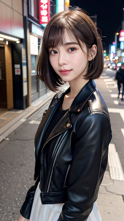 (((Shoulder length straight brown hair mini bob)))、(((目が細くlight eye makeup)))、(((standing alone on the rider'Black leather jacket with the backdrop of a nighttime Kabukicho alley.)))、(((Please come wearing clothes that cover your arms..)))、Half Japanese and Korean、18 year old girl、independent、facing forward、light eye makeup、brown hair color、flat 、hair blowing in the wind、quality of actress、shiny, super realistic face、smileの表情、Moist eyes、look up、Calming lighting effects、 ultra-realistic capture、very detailed、High resolution 16K close-up of human skin。Skin texture must be natural、Must be so detailed that pores are visible、skin is healthy、Must be even tone、Use natural light and color、High quality photos taken by a modeling agency'Exclusive photographer、smile、(((SIGMA 300 mm F/2.8,1/1000 sec shutter,ISO 400)))