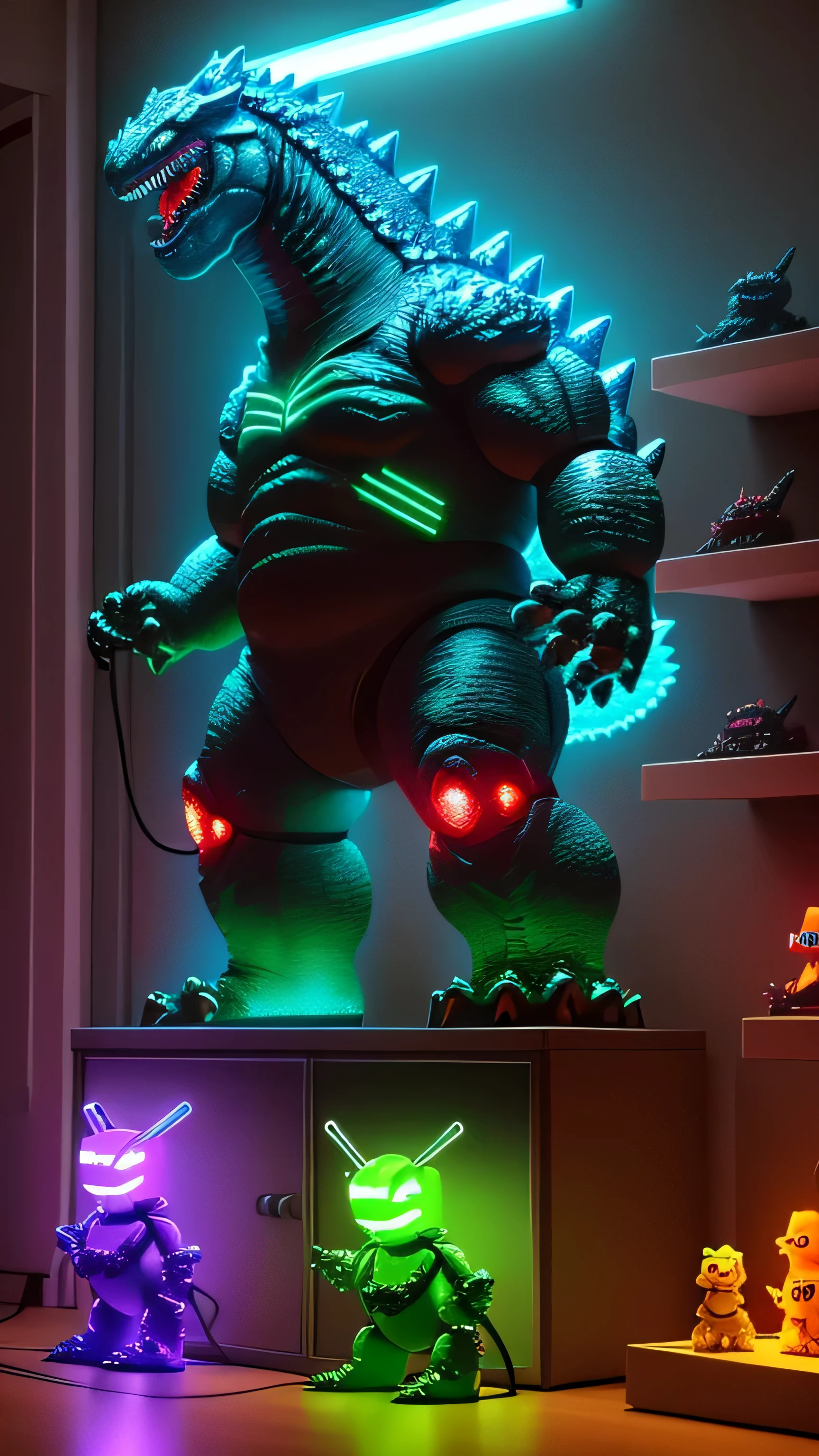 toy shelf with neon lights, toy Godzilla, toy robot, 8k