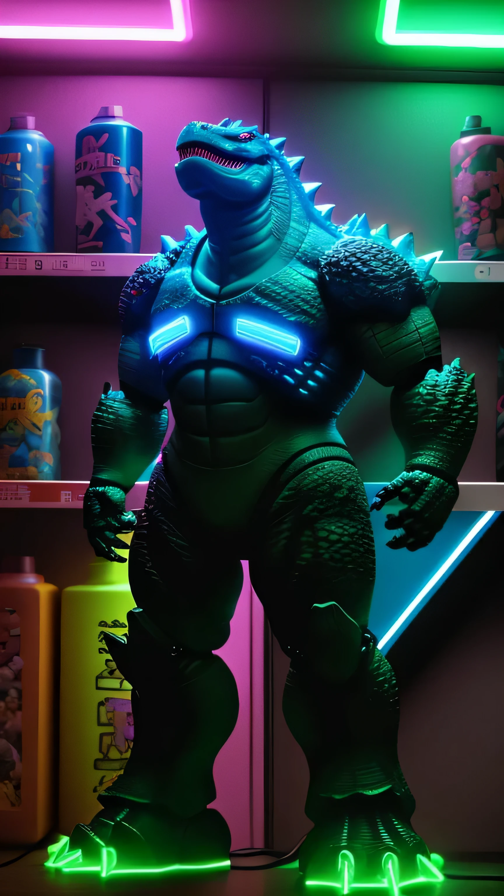 toy shelf with neon lights, toy Godzilla, toy robot, 8k