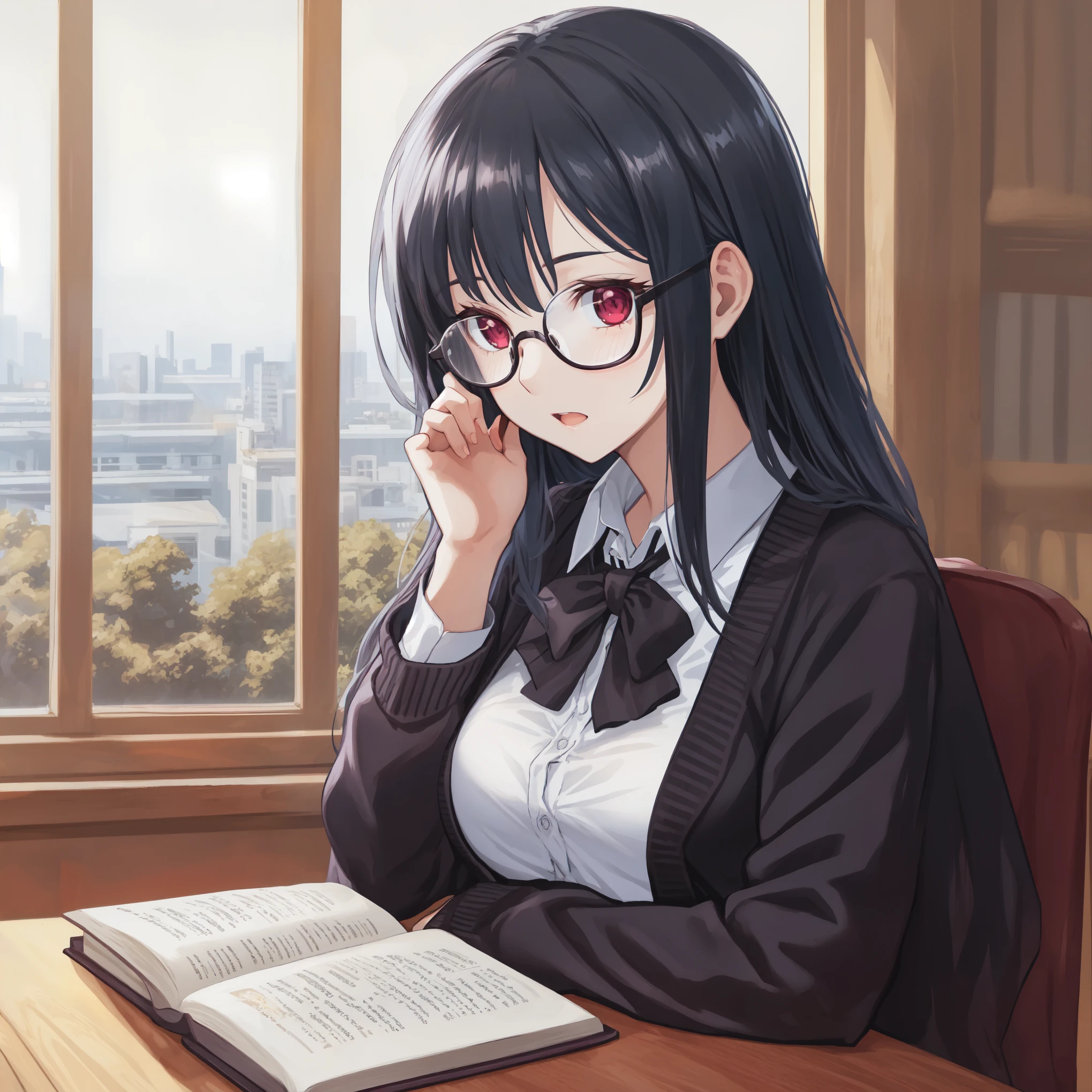 beautiful illustrations, highest quality, High-quality backgrounds,pretty girl,Library,Glasses,drooping eyes,From Front,machine,{{beautiful wine red eye1:4}},黒のcardigan,white dress shirt,pleated skirt,Reading a novel,long hair、Glasses,,{{beautiful large breasts 1:4}},{{look far away}},{{high school girl}},{{cardigan,white dress shirt}},black hair,five fingers