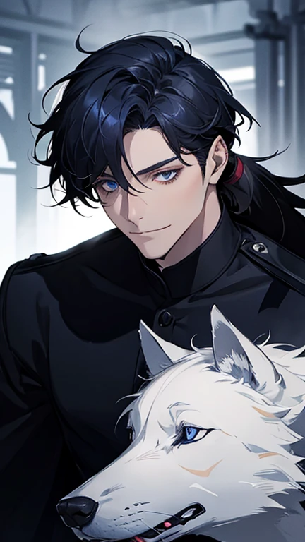 (best quality, highres, masterpiece:1.2),ultra-detailed,realistic,portrait,chaotic scene,dark and mysterious atmosphere,man,deep blue hair,tied in a low ponytail,black and navy blue pilot suit,tall,taking care of a wolf,he is wearing a navy coat on his shoulders,there is no one behind me,dark blue eyes,slightly smiling,with a wolf