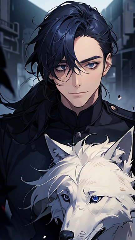 (best quality, highres, masterpiece:1.2),ultra-detailed,realistic,portrait,chaotic scene,dark and mysterious atmosphere,man,deep blue hair,tied in a low ponytail,black and navy blue pilot suit,tall,taking care of a wolf,he is wearing a navy coat on his shoulders,there is no one behind me,dark blue eyes,slightly smiling,with a wolf