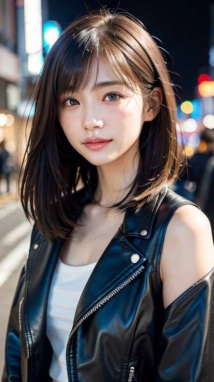 (((Shoulder length straight brown hair mini bob)))、(((目が細くlight eye makeup)))、(((standing alone on the rider'Black leather jacket with the backdrop of a nighttime Kabukicho alley.)))、(((Please come wearing clothes that cover your arms..)))、Half Japanese and Korean、18 year old girl、independent、facing forward、light eye makeup、brown hair color、flat 、hair blowing in the wind、quality of actress、shiny, super realistic face、smileの表情、Moist eyes、look up、Calming lighting effects、 ultra-realistic capture、very detailed、High resolution 16K close-up of human skin。Skin texture must be natural、Must be so detailed that pores are visible、skin is healthy、Must be even tone、Use natural light and color、High quality photos taken by a modeling agency'Exclusive photographer、smile、(((SIGMA 300 mm F/2.8,1/1000 sec shutter,ISO 400)))