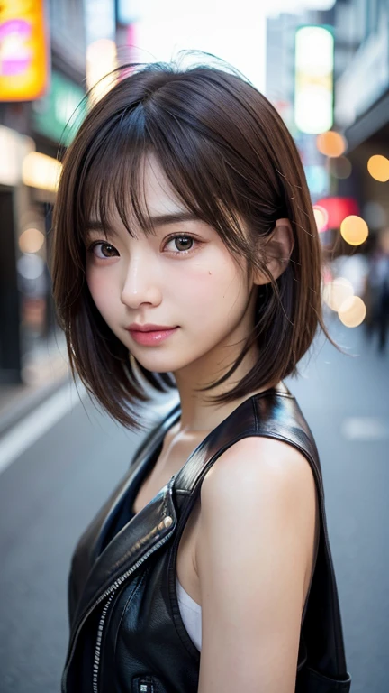 (((Shoulder length straight brown hair mini bob)))、(((目が細くlight eye makeup)))、(((standing alone on the rider'Black leather jacket with the backdrop of a nighttime Kabukicho alley.)))、(((Please come wearing clothes that cover your arms..)))、Half Japanese and Korean、18 year old girl、independent、facing forward、light eye makeup、brown hair color、flat 、hair blowing in the wind、quality of actress、shiny, super realistic face、smileの表情、Moist eyes、look up、Calming lighting effects、 ultra-realistic capture、very detailed、High resolution 16K close-up of human skin。Skin texture must be natural、Must be so detailed that pores are visible、skin is healthy、Must be even tone、Use natural light and color、High quality photos taken by a modeling agency'Exclusive photographer、smile、(((SIGMA 300 mm F/2.8,1/1000 sec shutter,ISO 400)))