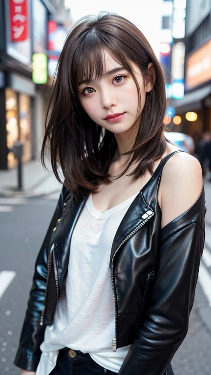 (((Shoulder length straight brown hair mini bob)))、(((目が細くlight eye makeup)))、(((standing alone on the rider'Black leather jacket with the backdrop of a nighttime Kabukicho alley.)))、(((Please come wearing clothes that cover your arms..)))、Half Japanese and Korean、18 year old girl、independent、facing forward、light eye makeup、brown hair color、flat 、hair blowing in the wind、quality of actress、shiny, super realistic face、smileの表情、Moist eyes、look up、Calming lighting effects、 ultra-realistic capture、very detailed、High resolution 16K close-up of human skin。Skin texture must be natural、Must be so detailed that pores are visible、skin is healthy、Must be even tone、Use natural light and color、High quality photos taken by a modeling agency'Exclusive photographer、smile、(((SIGMA 300 mm F/2.8,1/1000 sec shutter,ISO 400)))