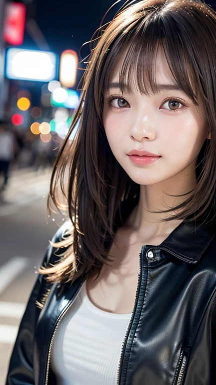 (((Shoulder length straight brown hair mini bob)))、(((目が細くlight eye makeup)))、(((standing alone on the rider'Black leather jacket with the backdrop of a nighttime Kabukicho alley.)))、(((Please come wearing clothes that cover your arms..)))、Half Japanese and Korean、18 year old girl、independent、facing forward、light eye makeup、brown hair color、flat 、hair blowing in the wind、quality of actress、shiny, super realistic face、smileの表情、Moist eyes、look up、Calming lighting effects、 ultra-realistic capture、very detailed、High resolution 16K close-up of human skin。Skin texture must be natural、Must be so detailed that pores are visible、skin is healthy、Must be even tone、Use natural light and color、High quality photos taken by a modeling agency'Exclusive photographer、smile、(((SIGMA 300 mm F/2.8,1/1000 sec shutter,ISO 400)))