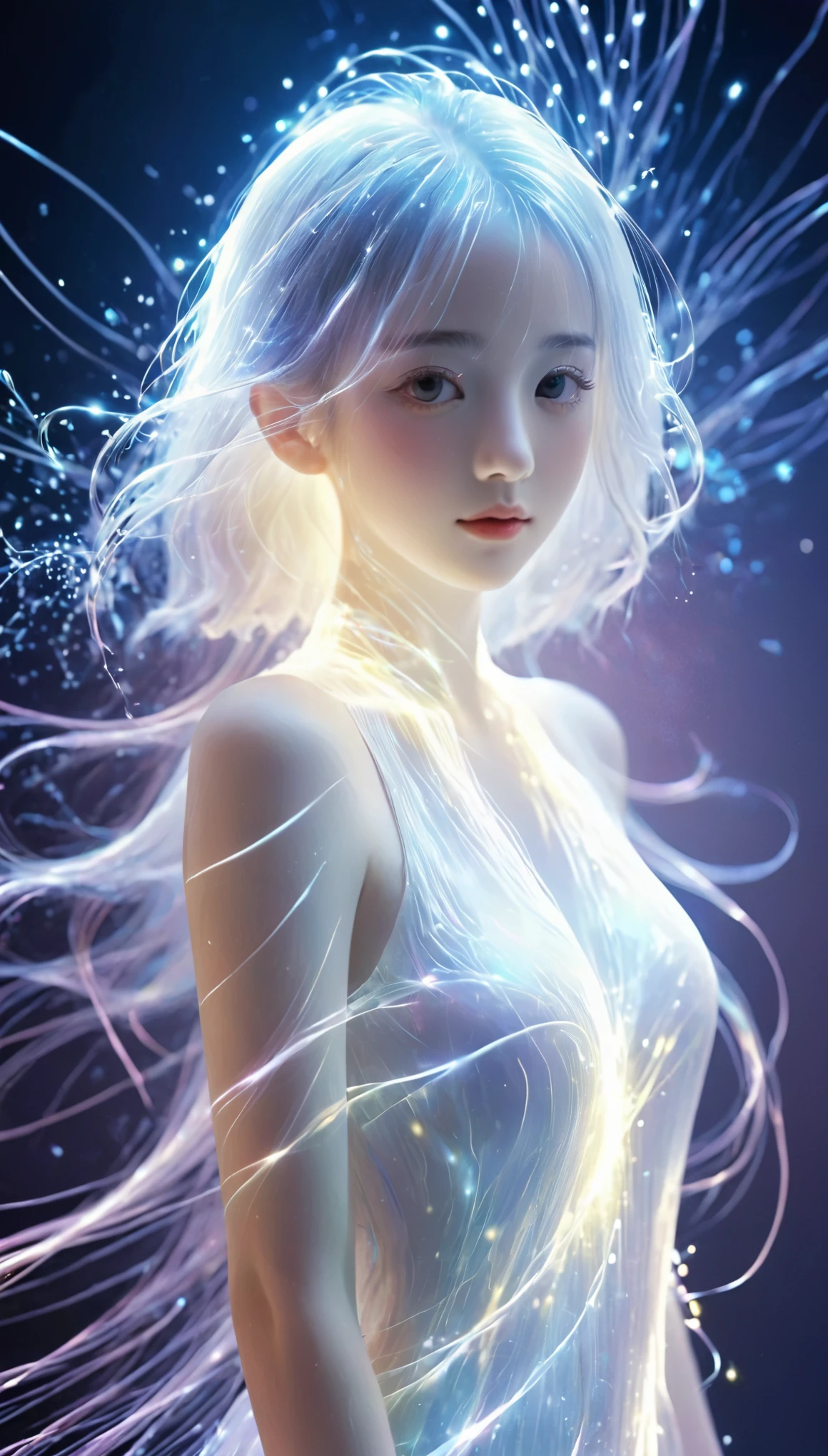 bailing_particles,bailing_lines,Lines of light,Particles of Light,A girl made of particles,The density of lines at the finger part is high,(white hair:0.3),