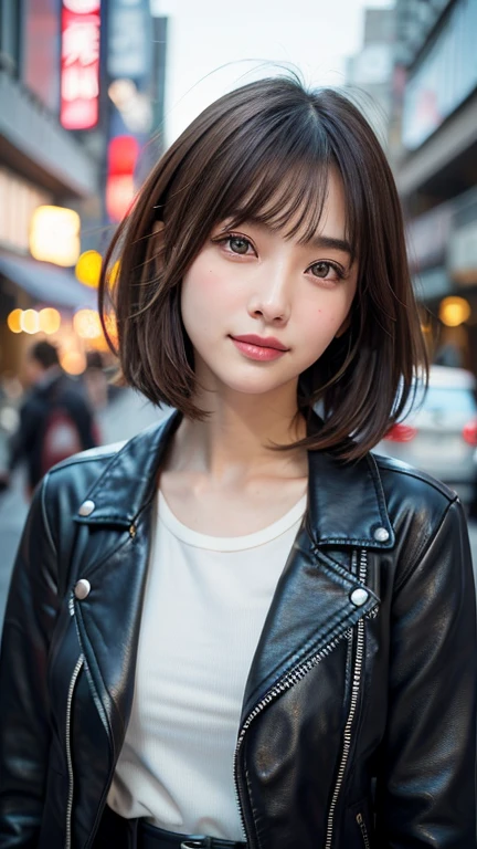 (((Shoulder length straight brown hair mini bob)))、(((目が細くlight eye makeup)))、(((standing alone on the rider&#39;Black leather jacket with the backdrop of a nighttime Kabukicho alley.)))、(((Please come wearing clothes that cover your arms..)))、Half Japanese and Korean、18 year old girl、independent、facing forward、light eye makeup、brown hair color、flat 、hair blowing in the wind、quality of actress、shiny, super realistic face、smileの表情、Moist eyes、look up、Calming lighting effects、 ultra-realistic capture、very detailed、High resolution 16K close-up of human skin。Skin texture must be natural、Must be so detailed that pores are visible、skin is healthy、Must be even tone、Use natural light and color、High quality photos taken by a modeling agency&#39;Exclusive photographer、smile、(((SIGMA 300 mm F/2.8,1/1000 sec shutter,ISO 400)))
