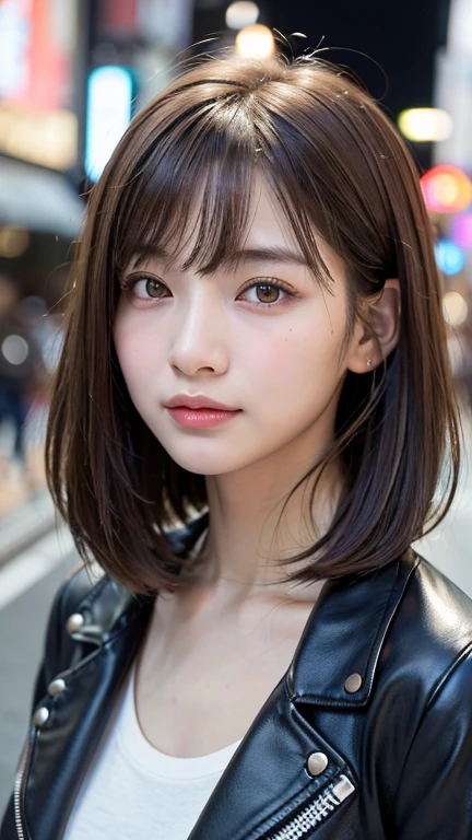 (((Shoulder length straight brown hair mini bob)))、(((目が細くlight eye makeup)))、(((standing alone on the rider&#39;Black leather jacket with the backdrop of a nighttime Kabukicho alley.)))、(((Please come wearing clothes that cover your arms..)))、Half Japanese and Korean、18 year old girl、independent、facing forward、light eye makeup、brown hair color、flat 、hair blowing in the wind、quality of actress、shiny, super realistic face、smileの表情、Moist eyes、look up、Calming lighting effects、 ultra-realistic capture、very detailed、High resolution 16K close-up of human skin。Skin texture must be natural、Must be so detailed that pores are visible、skin is healthy、Must be even tone、Use natural light and color、High quality photos taken by a modeling agency&#39;Exclusive photographer、smile、(((SIGMA 300 mm F/2.8,1/1000 sec shutter,ISO 400)))
