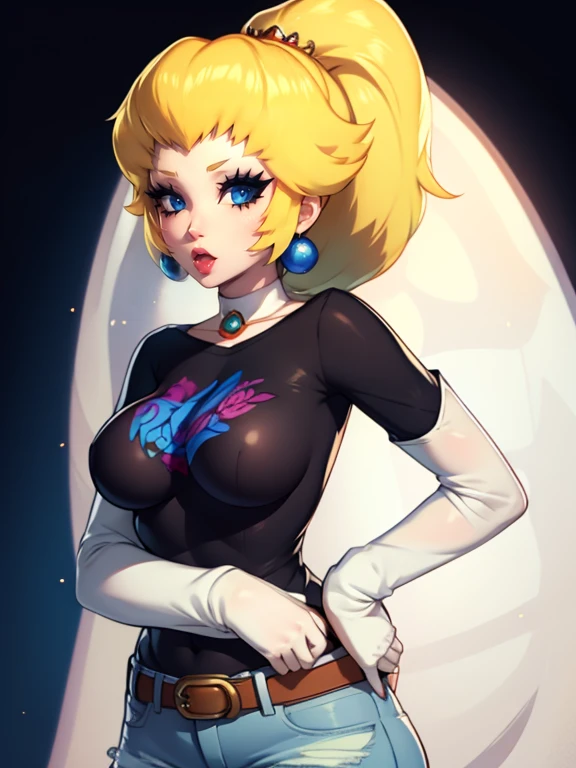 princess_peach, blonde hair ,ponytail ,earrings ,red lipstick, blue eye shadow, heavy makeup , 1girl, solo, standing, black t-shirt, white shirt, blue jeans, belt, lipstick, large breasts, layered sleeves