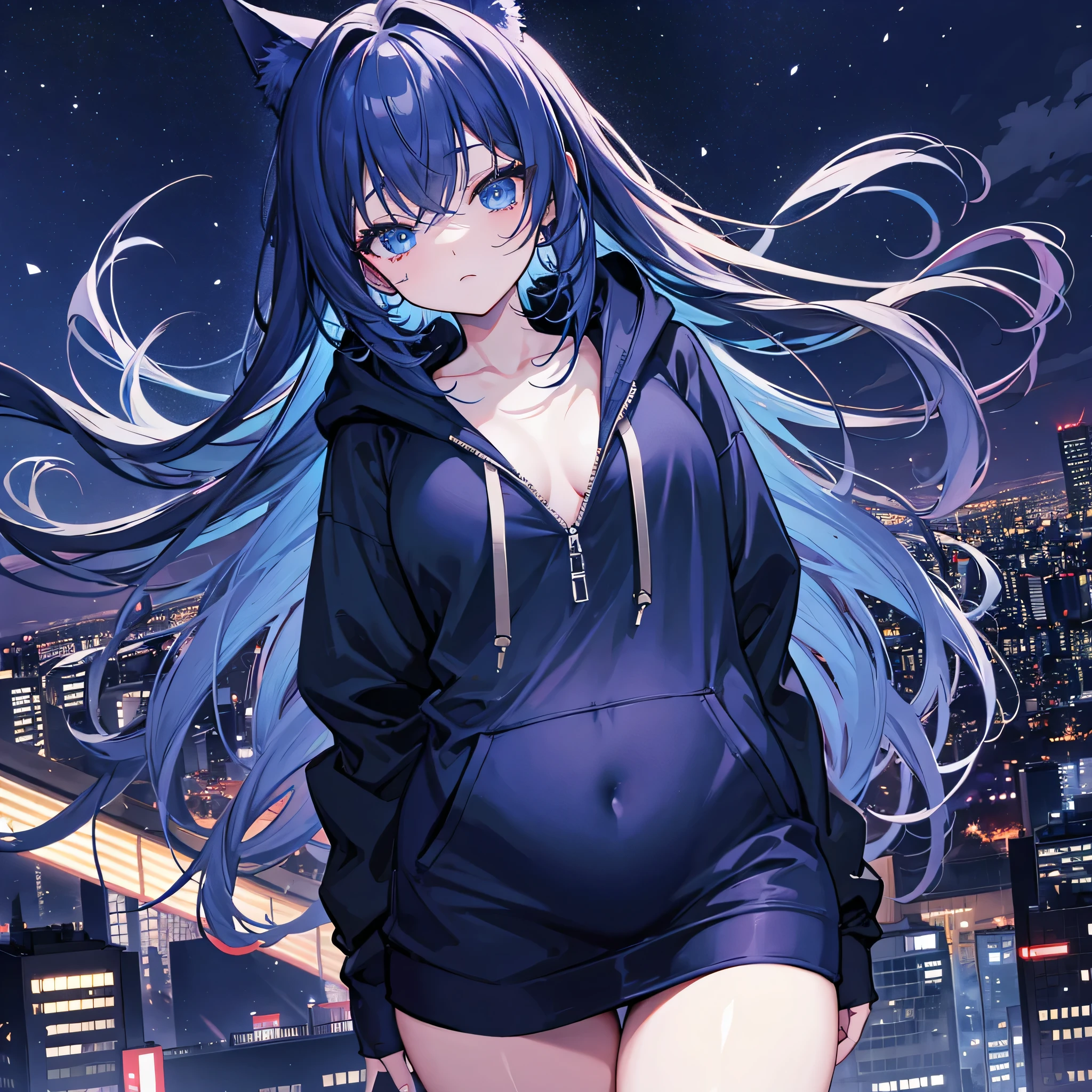 night city, tokyo, dark blue hue, dark view, femboy, hoodie, thick thighs, wide hips