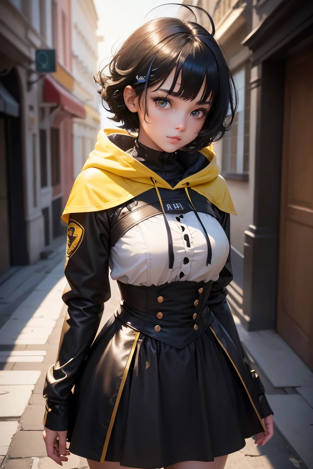 1girll, Masterpiece, Best quality, Ultra-detailed, Ray tracing, Perfect lighting, (Shiny skin:1.2),.ai_Large B0 black hair, short_Hair, Hair_decorations, ahoge, hair pin, Heterochromia, Blue_Eyes, Yellow_Eyes, Hood,