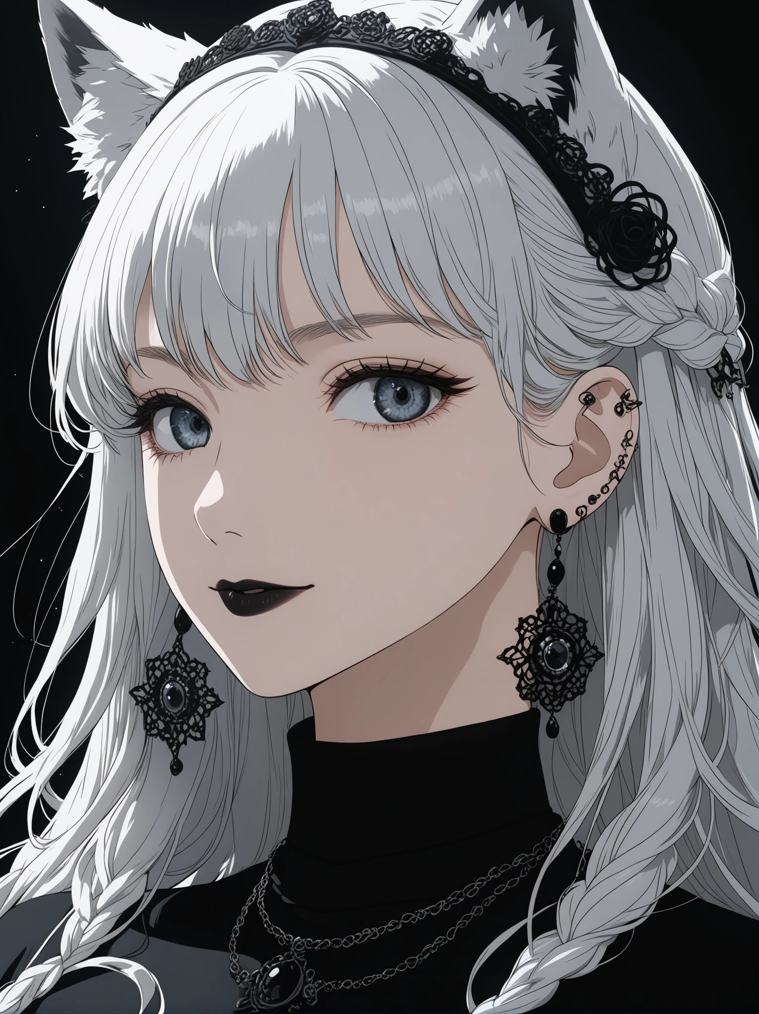studio ghibli anime ,screencap , masterpiece, best quality, highly detailed, shading, Goth woman, perfect face, beautiful eyes, perfect eyes, thick eye lashes, beautiful face, dark makeup, dark lipstick, wearing, happy, pale skin, smiling, perfect white teeth, long curly white hair, side braid, wolf ears, medium breasts, ear piercings, curvy, wide hips, beautiful turtleneck dress, covered, thigh high lace stockings, long skirt, black boots, tattoos, hair accessories, deep black background, thick white outline surrounding just the character, POV from the ground up, character looking down at the viewer, touching her own lips with her right hand