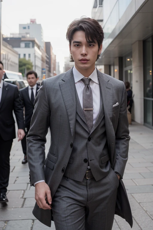 Anime face like of a 24 yo man, perfect face, tall, manhwa, masterpiece, suit, aquarius, formal shoes, and coat walking in a city with bodyguards