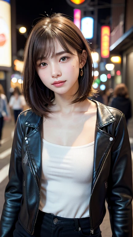 (((Shoulder length straight brown hair mini bob)))、(((目が細くlight eye makeup)))、(((standing alone on the rider&#39;Black leather jacket with the backdrop of a nighttime Kabukicho alley.)))、(((Please come wearing clothes that cover your arms..)))、Half Japanese and Korean、18 year old girl、independent、facing forward、light eye makeup、brown hair color、flat 、hair blowing in the wind、quality of actress、shiny, super realistic face、smileの表情、Moist eyes、look up、Calming lighting effects、 ultra-realistic capture、very detailed、High resolution 16K close-up of human skin。Skin texture must be natural、Must be so detailed that pores are visible、skin is healthy、Must be even tone、Use natural light and color、High quality photos taken by a modeling agency&#39;Exclusive photographer、smile、(((SIGMA 300 mm F/2.8,1/1000 sec shutter,ISO 400)))
