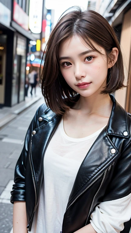 (((Shoulder length straight brown hair mini bob)))、(((目が細くlight eye makeup)))、(((standing alone on the rider&#39;Black leather jacket with the backdrop of a nighttime Kabukicho alley.)))、(((Please come wearing clothes that cover your arms..)))、Half Japanese and Korean、18 year old girl、independent、facing forward、light eye makeup、brown hair color、flat 、hair blowing in the wind、quality of actress、shiny, super realistic face、smileの表情、Moist eyes、look up、Calming lighting effects、 ultra-realistic capture、very detailed、High resolution 16K close-up of human skin。Skin texture must be natural、Must be so detailed that pores are visible、skin is healthy、Must be even tone、Use natural light and color、High quality photos taken by a modeling agency&#39;Exclusive photographer、smile、(((SIGMA 300 mm F/2.8,1/1000 sec shutter,ISO 400)))
